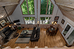 View of living room from Large loft bedroom  of nc rental cabin Eagles Nest.